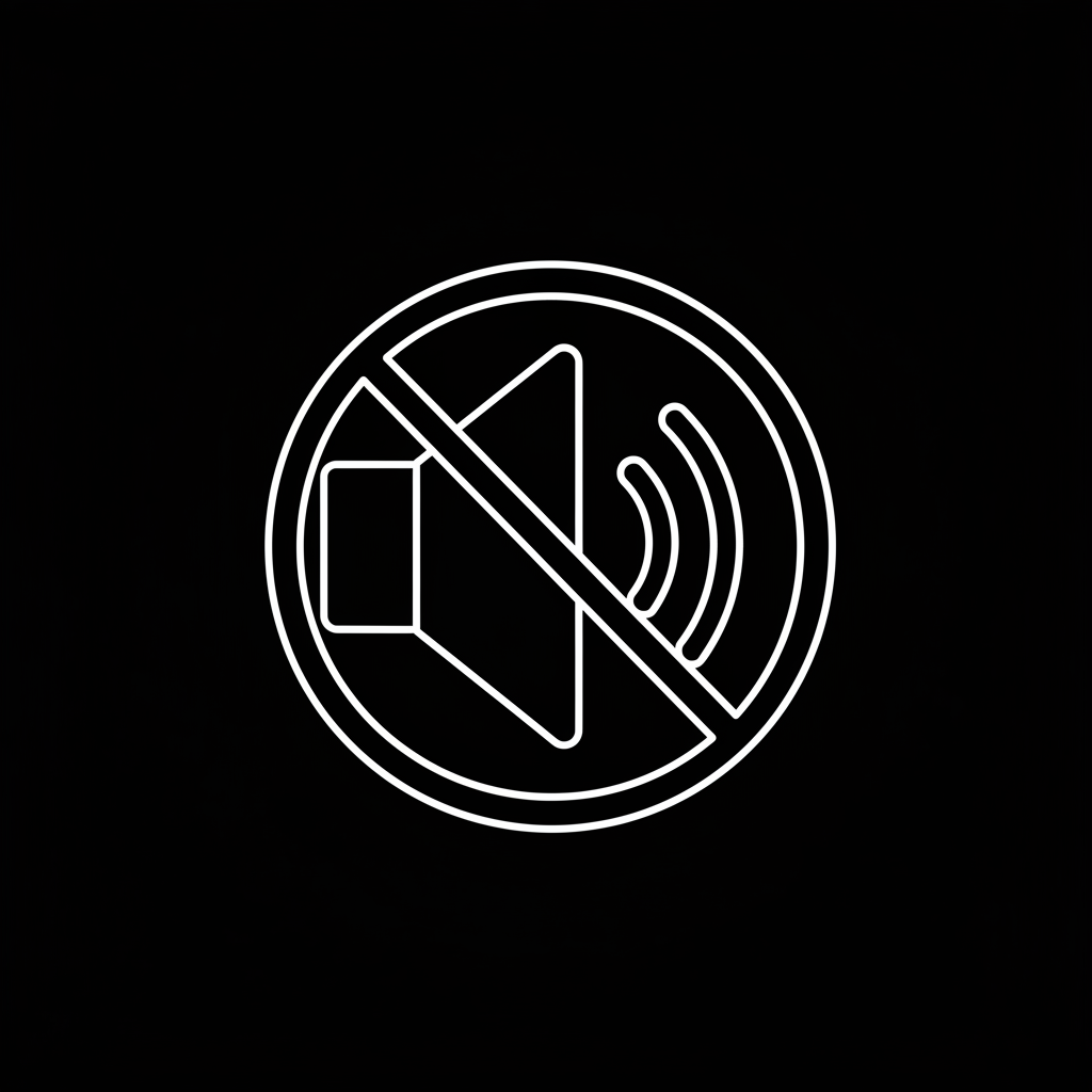 Silent: 一个音箱被禁音的符号。风格: 纯白色线条 (White Stroke)，黑色背景填充。线条要细，要有科技感。