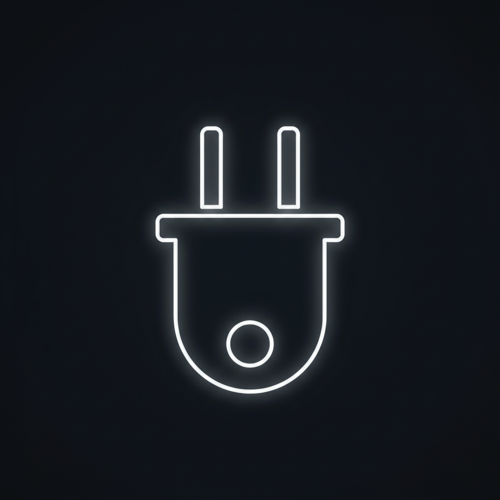 一个插头。纯白色线条 (White Stroke)，无填充或半透明填充。线条要细，要有科技感。